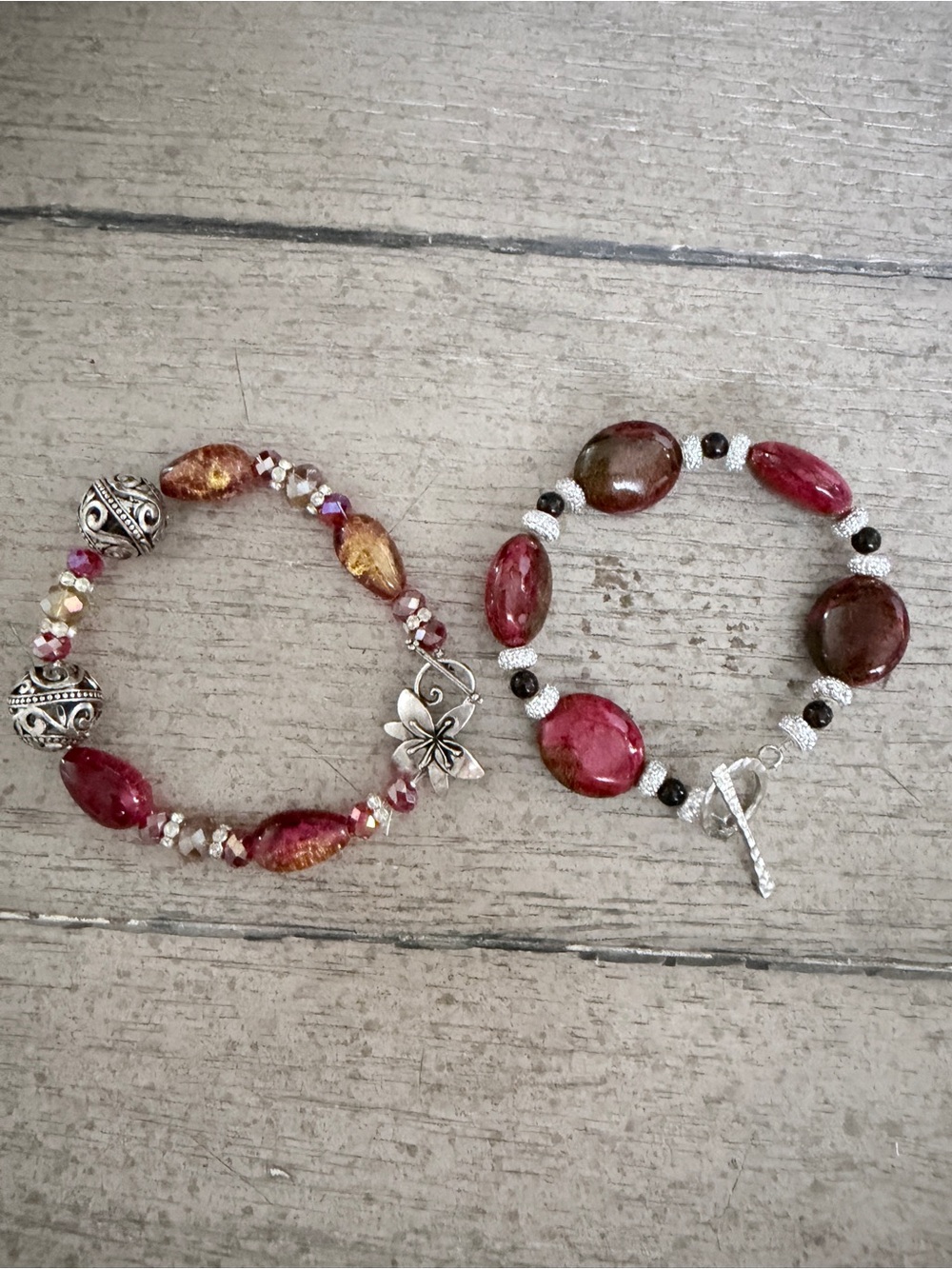 Handcrafted Pink and Amber Beaded Stretch Bracelets with Silver Accents